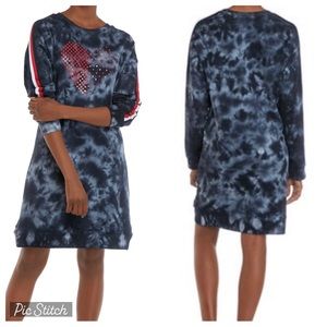 Tommy Hilfiger Blue Tie Dye Sweatshirt Dress XS Red Heart Stripe Sporty Casual